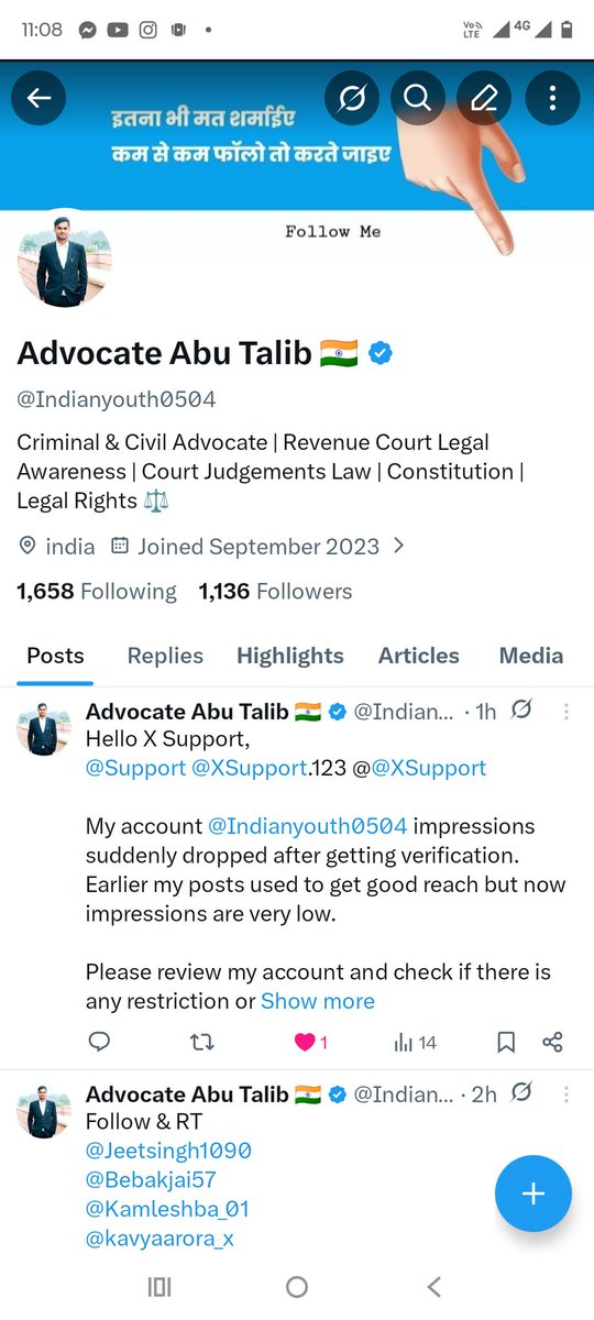 AbuTalibKh99321's tweet photo. Hello X Support,
My account @Indianyouth0504 impressions suddenly dropped.
Earlier my posts used to get good reach but now impressions are very low.
Please review my account and check if there is any restriction or visibility issue.
Thank you. @X #XPremium #helpcenter #support https://t.co/Ww9MbwtczA