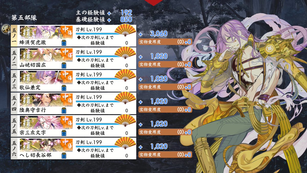 💐極開花　199達成💐 48〜53振り目
天江戸期間裏 8-3周回にて

︎┊︎蜂須賀虎徹、山姥切国広、歌仙兼定、
︎┊︎陸奥守吉行、宗三左文字、へし切長谷部
 ▷▶︎▷2026/03/07𝐹𝑖𝑛.

それでは皆々様ご一緒に！
╭━━━━━━━━━╮
    🪭極Lv.１９９🪭 
╰━ｖ━━━━━━━╯