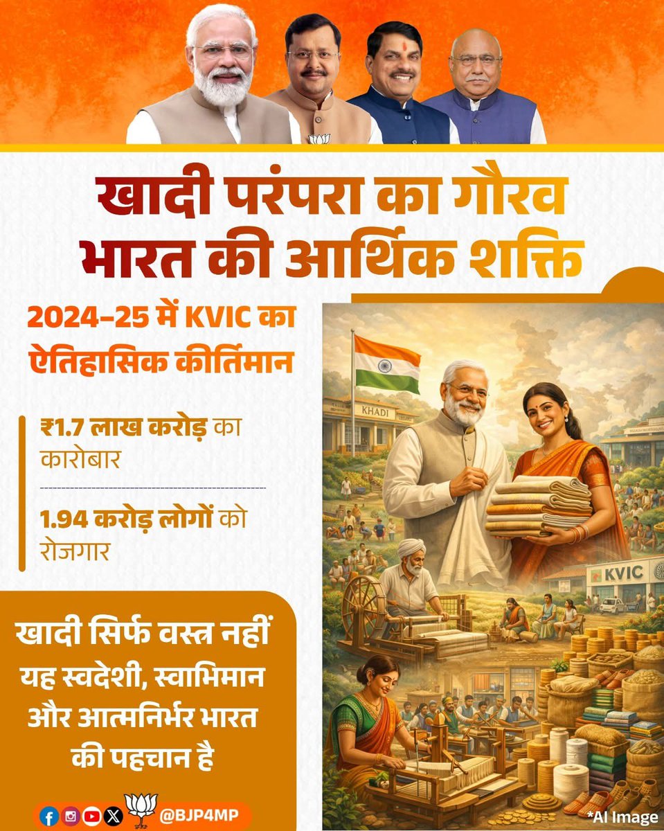 RitiPathakSidhi's tweet photo. मोदी युग में खादी फिर बनी देश का गौरव।

आदरणीय प्रधानमंत्री श्री @narendramodi जी ने खादी को सिर्फ़ परंपरा नहीं, बल्कि नए भारत की स्टाइल और स्वाभिमान बना दिया।
आज खादी की बिक्री रिकॉर्ड ऊँचाई पर है, KVIC का ऐतिहासिक कारोबार इसका प्रमाण है। https://t.co/F3HBSfWnkF