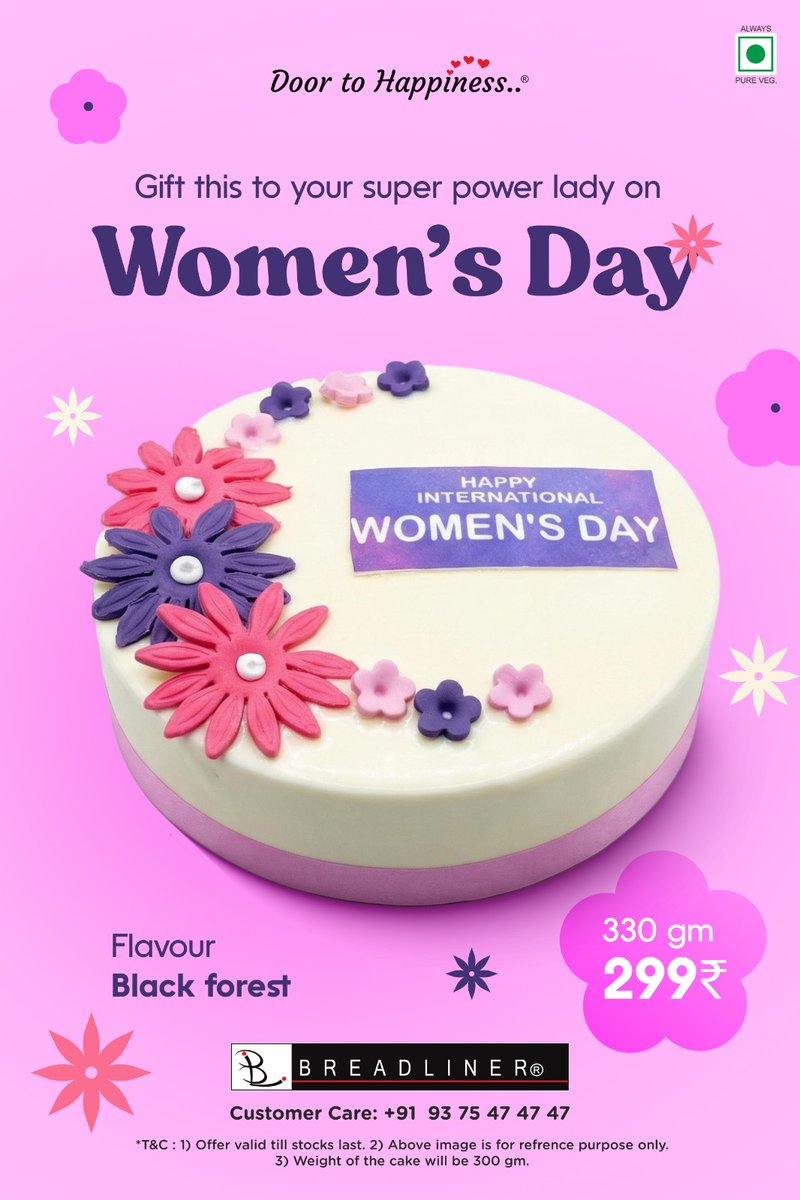 Breadliner1's tweet image. She inspires you.
She makes everything better.💖

This Women’s Day, celebrate the amazing woman in your life with a sweet surprise.🎂

🌸 Women’s Day Special Cake
🍫 Black Forest
⚖️ 330 gm
💰 ₹299

Make her smile today.

📲 Order Now: 9375474747
#WomensDay2026  #BreadlinerBakery