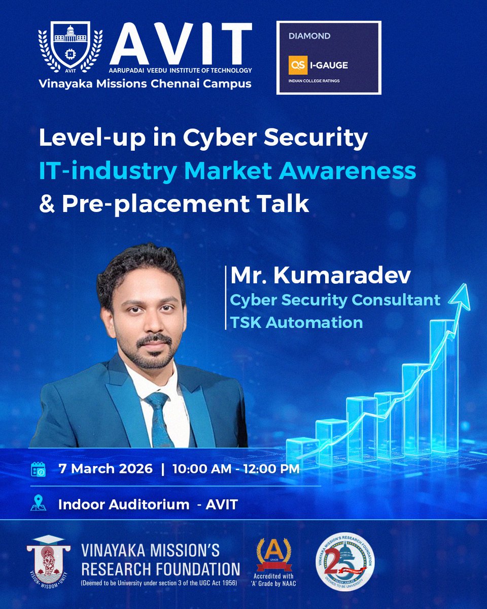 AVITChennai's tweet image. AVIT brings you an IT Industry Market Awareness &amp;amp; Pre-Placement Talk with Mr. Kumaradev, Cyber Security Consultant – TSK Automation. 

#AVIT #AVITChennai #VinayakaMissions #CyberSecurity #CyberSecurityCareer #CyberSecurityAwareness
