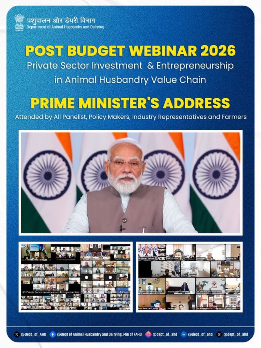 Hon’ble Prime Minister Shri Narendra Modi addressed the Post-Budget Webinar on “Agriculture and Rural Transformation,” highlighting the significant role of the Animal Husbandry and #Dairy sector in strengthening rural livelihoods and the rural economy.
#PostBudgetWebinar 
#upldb