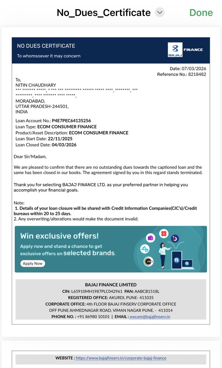 Nitinchaudharry's tweet photo. Dear Bajaj Finserv, my EMI card has been blocked due to one bounced EMI. However, I have already paid the EMI and have also received the No Due Certificate. Kindly check and unblock my EMI card at the earliest. My repayment history has always been regular @Bajaj_Finserv https://t.co/04GMOK6x6f