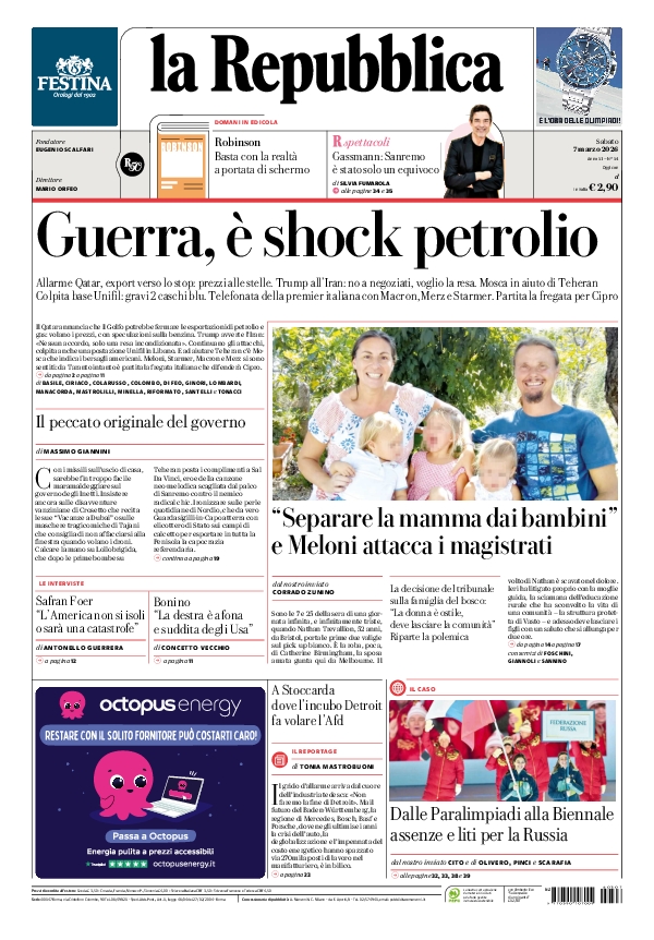 repubblica's tweet photo. La prima pagina di oggi #7march https://t.co/LZaZp2Gm1r 📰 https://t.co/FV4ga3fNQa