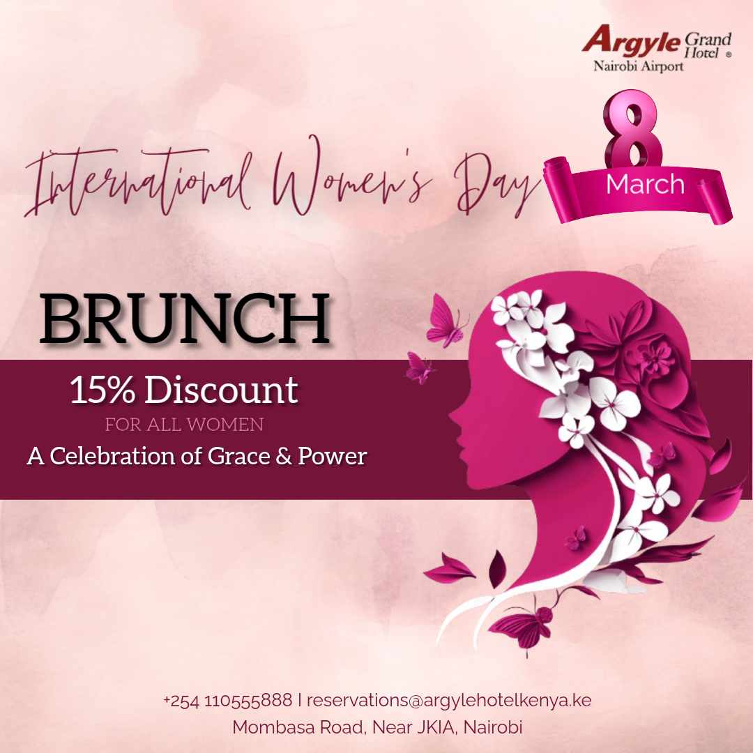 🌷 A Celebration of Grace &amp; Power 🌷

Join us at Argyle Grand Hotel Nairobi Airport for a sophisticated International Women’s Day Brunch.

✨ 15% Discount for all Women
🍽️ A refined brunch experience
💐 Celebrate the remarkable women who inspire us every day.