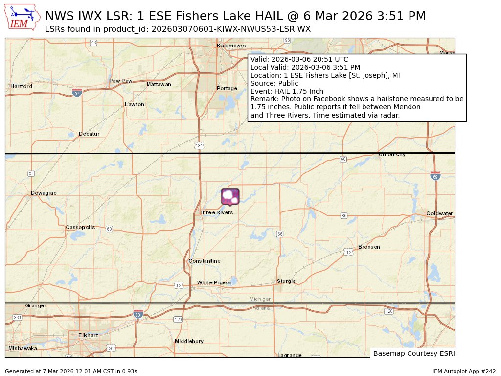 MaxD1131's tweet image. At 3:51 PM EST, 1 ESE Fishers Lake [St. Joseph Co, MI] Public reports Hail of golf ball size (M1.75 Inch). Photo on Facebook shows a hailstone measured to be 1.75 inches. Public reports it fell between Mendon and Three Rivers. Time estimated... #miwx mesonet.agron.iastate.edu/lsr/?by=wfo&amp;amp;wf…