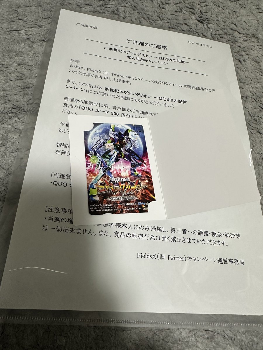 エヴァのキャンペーンで当たったQUOカードが届いた〜(*´∇｀*) この