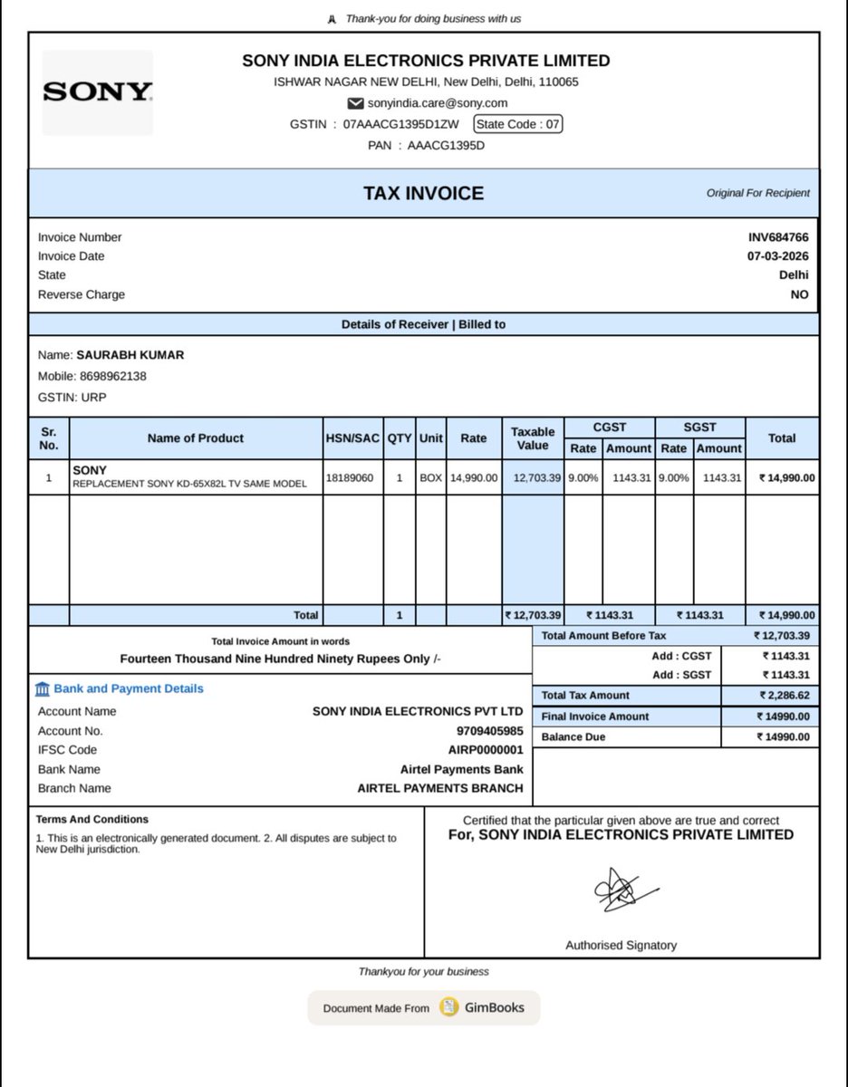 Kumar0285's tweet photo. @sony_india Hi @sony_india  I got a call from a person claiming to be from sony india head office. Delhi and asking me to pay 15K for a new TV in replacement of the issue of current TV .
 Is this genuine ? 

Attached is the invoice sent to me by the same guy https://t.co/KiGvn7Gygc