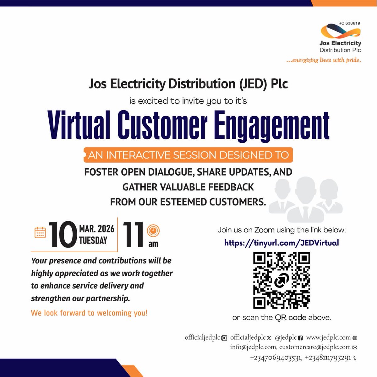 officialjedplc's tweet photo. Your Voice Matters! 
Join us for our Virtual Customer Engagement session.

Time: Mar 10, 2026 11:00 AM West Central Africa
Join Zoom Meeting

https://t.co/IkJTRVwzMA

#jedplc
#jedplccares
#virtualengagement
#energzingliveswithpride https://t.co/9XWC0W8eNe