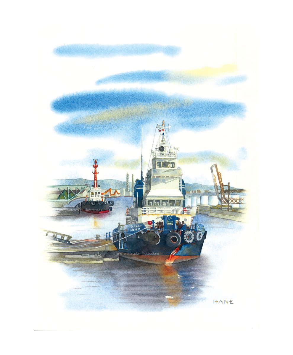 曳船ひろかい The tugboat Hirokai W&N watercolor & Pencil on Arches