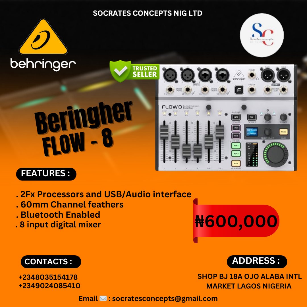 Beringher flow 8
.
.
. 2Fx processors and USB/Audio interface 
. 60mm Chanel feathers 
Bluetooth enabled 
. 8 input digital 
.
🏷️ ₦600,000
.
📍 Shop BJ 18a Ojo Alaba international Market Lagos 
.
☎️ +2348035154178
.
🛒 🛒🛒🛒🛒