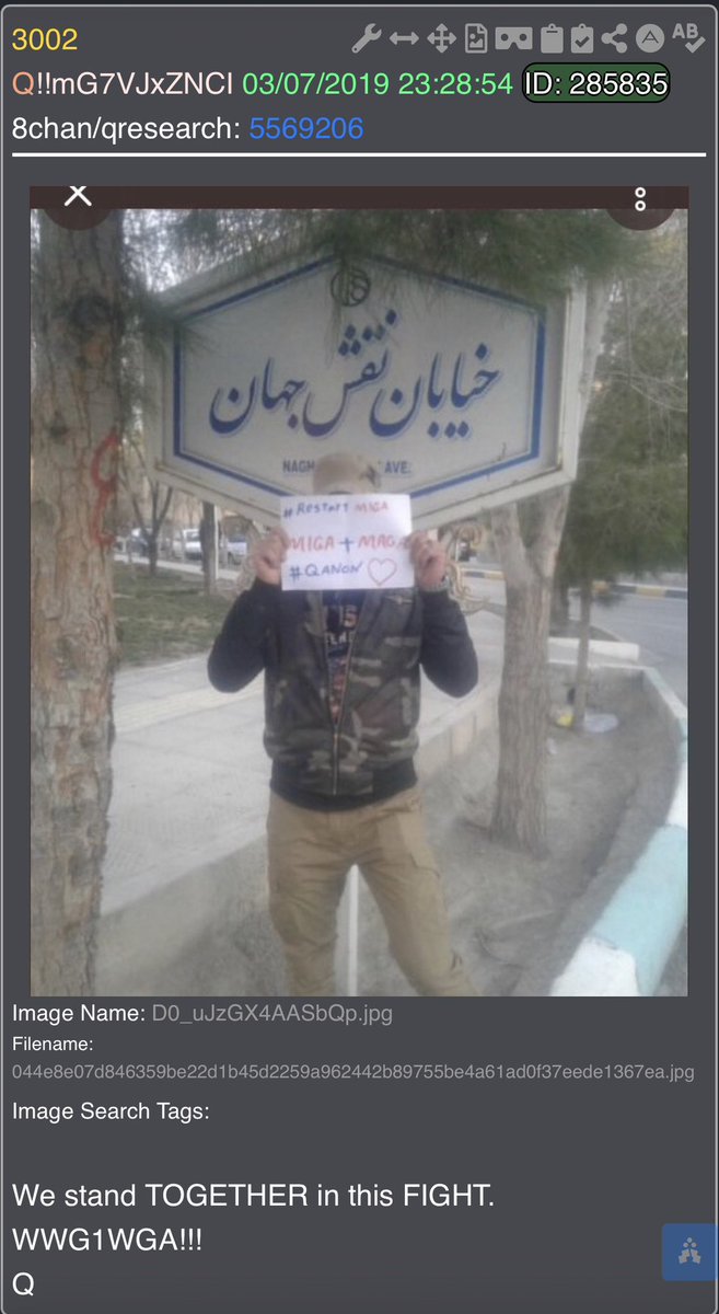kellyannelu's tweet image. Trump posted on 3/06 “MIGA” 

Delta for 3/07 👀🇮🇷
-The image of an anon holding a sign saying “ #Restart MIGA 
MIGA (Make Iran Great Again)+MAGA
#Qanon ❤️”

According to @Grok 
The street sign reads **خیابان شمس جماران** (Shams Jamaran Street), a quiet road in Tehran's upscale