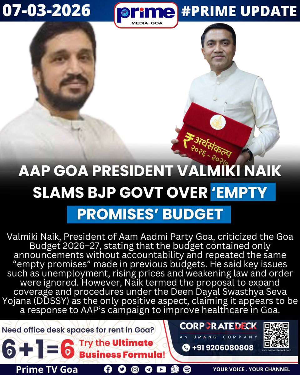 AAP Goa President Valmiki Naik Slams BJP Govt Over ‘Empty Promises’ Budget