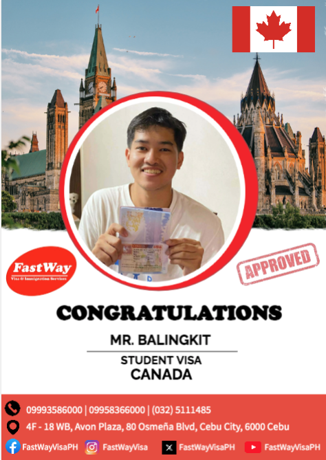 FastWayVisaPH's tweet photo. VISA NOTIFICATIONS: STUDENT VISA GRANTED FOR CANADA! CONGRATULATIONS, MR. BALINGKIT! 

For more info: (FREE CONSULTATION)
FastWay Visa and Immigration Services
4F - 18 WB, Avon Plaza,
80 Osmeña Boulevard, Capitol Site,
Cebu City 6000, Philippines
Tel: +63 (32) 5111485
Mob: +63 9993586000
Mob: +63 9958366000
Email: info@fastwavvisa.com
Email: study@fastwayvisa.com
Website: https://t.co/NxVLaMB96Q

(In front of Jollibee and near Cebu Doctor, same building as Stanford Laboratory)

#studentvisa #canada #VisaSuccess #FreeConsultation #worldwideprocessing #FastWay #Cebu #Manila