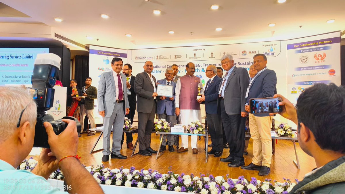 AIESL_MRO's tweet photo. 🏆 Proud moment for AIESL!

We are thrilled to announce that AIESL has been honoured with the prestigious Decarbonization Co-Benefits Award at the Water Transversality Global Awards 2026, presented by Hon'ble Lok Sabha Speaker Shri Om Birla.

This recognition, organised by the India Water Foundation and supported by UN ESCAP, NITI Aayog, Ministry of Power & Ministry of Heavy Industries, reflects our commitment to advancing sustainable solutions for a better future. 🌍💚

@ombirlakota
@amit_kumar_67
@sharadag05

@MoCA_GoI
@NITIAayog
@IndiaWaterFoun1
@UNESCAP

#AIESL #Sustainability #Aviation #Decarbonization #WaterTransversality #IndiaWaterFoundation #GreenFuture
