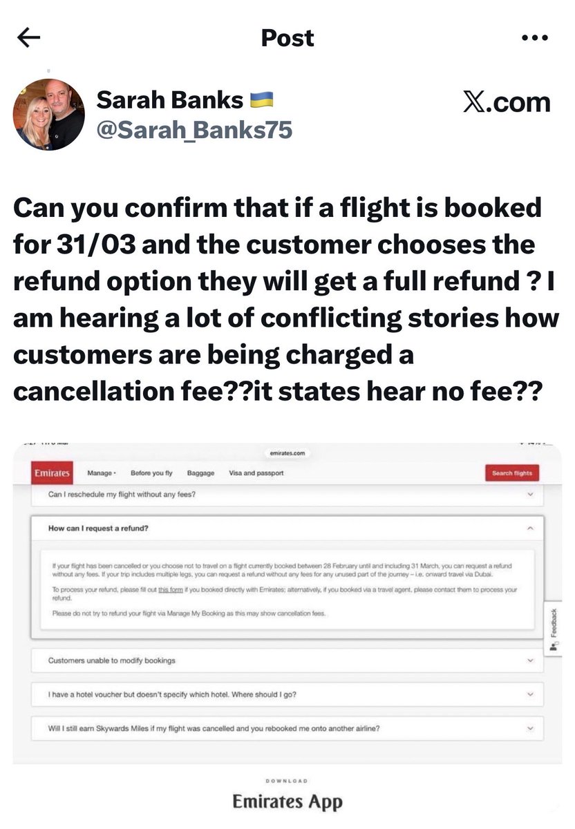 Sarah_Banks75's tweet photo. @EmiratesSupport Good morning, I sent this to you earlier, can you give some clarification around this please, I’m sure there are many customers needing to know this as a lot of conflicting stories https://t.co/junkuOJHxj