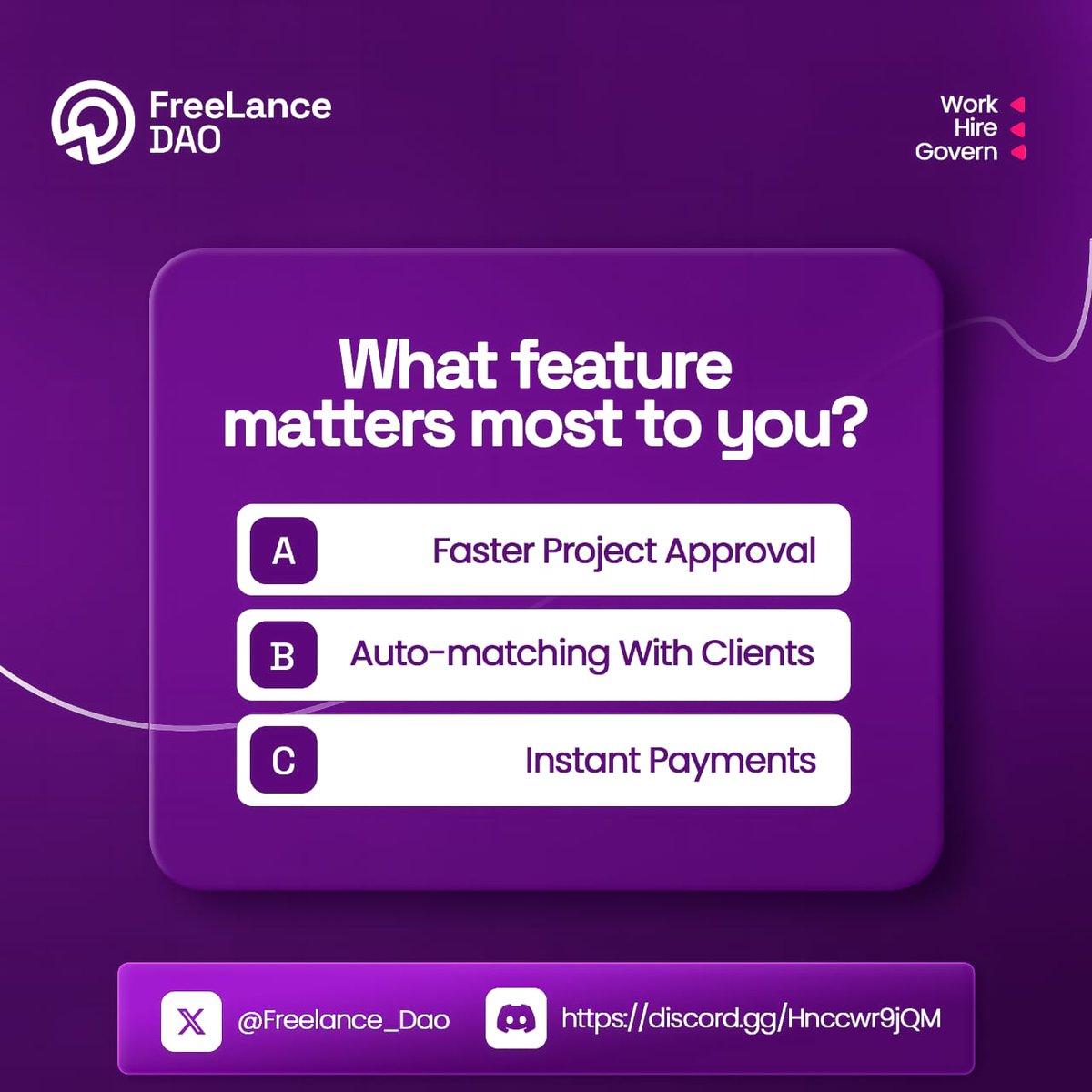 Freelance_DAO's tweet photo. GM CT
Weekend question for freelancers 👇

Which feature would change the game for you?
A — Faster project approval
B — Auto-matching with clients
C — Instant payments

Tell us you pick on the comment section 👇👇 https://t.co/vzMW2Bj9DM