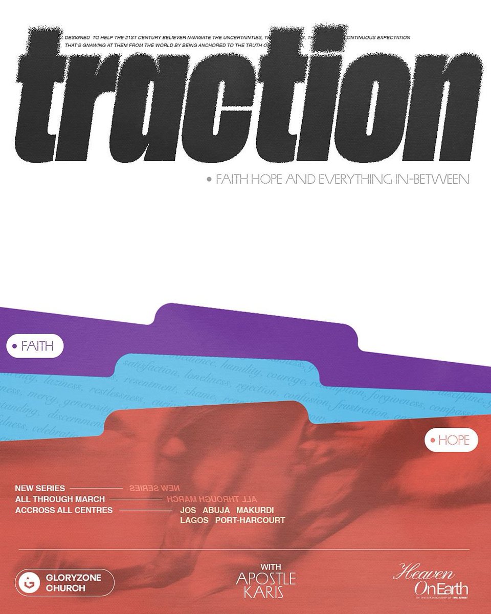 T R A C T I O N — Faith, Hope and Everything in between. ✨

Join us as we continue our new series tomorrow. Don’t come alone. 🤭

Tomorrow;
📅 : 8th March 2026
⏰ : 8:30am
📍: The Revayah, No.4 Helen Gomwalk way, Off Old Airport, Jos.