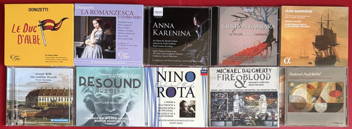 BramaAlessandro's tweet photo. Albums listened to this week. Opera: #Donizetti, #Carlson, and #Carrara. Chamber and piano music: #Barrière, #Dussek, #Wölfl, and #Naftel. Orchestral music: #Beethoven, #Rota, #Daugherty, and Naftel again. Some albums really amazed me!👍 https://t.co/xEXD2LwjRU