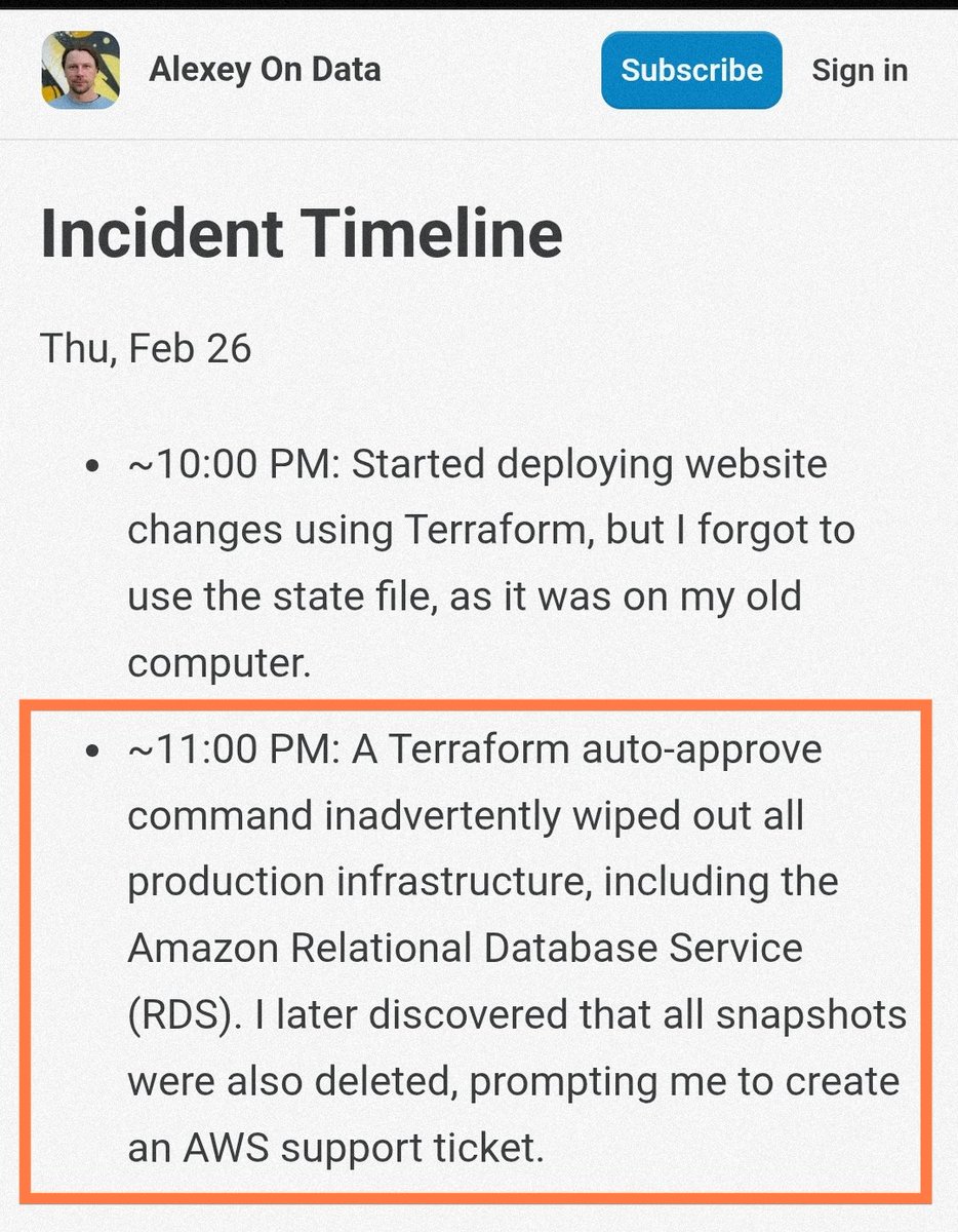 ptuladhar3's tweet photo. 😲 Who in their right mind runs Terraform with --auto-approve in production?

If you let Claude Code run loose in production with irresponsible operational practices, incidents like this are bound to happen.

💡 Always apply 3-2-1 backup rule for critical production data. https://t.co/6bnobppWRL