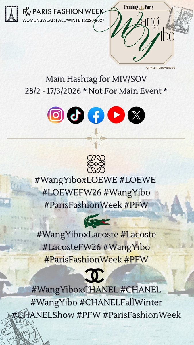แนวทางของแฟชั่นวีคครั้งนี้
✨เทรนด์​แท้กเพื่อทำอันดับ x ให้สูงที่สุด ใน 1-2 ชม. แรกตามเวลานัดหมาย โดยไม่พ่วงแท้กอื่น
✨หลังจากนั้นจะเน้นสะสมยอดโพสต์​โดยเพิ่มแท้กกลางของงานในทุกแพลตฟอร์ม​นอกเหนือจาก x เพื่อเสริมยอดสะสมมูลค่าทางการตลาด
#WangYibo