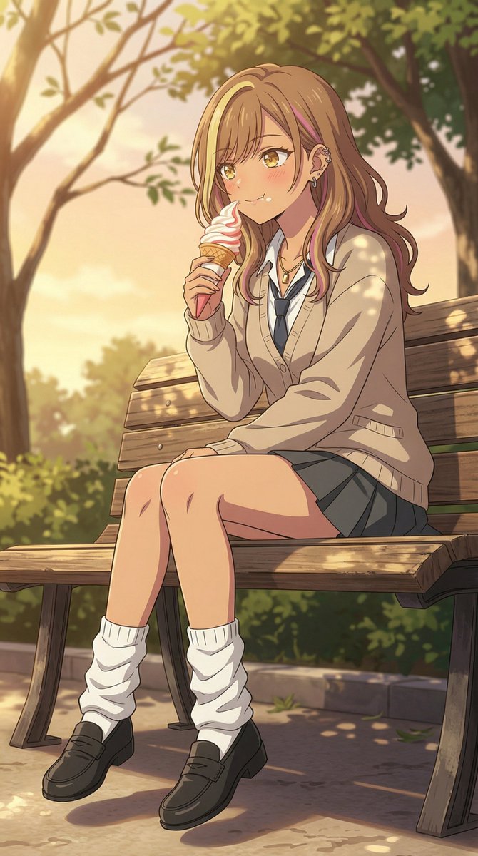 【本日のうちの子：おやつタイム🍦】

ん？ なに？
 ……あっ、もしかしてウチ、口にクリームついてる！？ 
恥ずかしっ！

土曜日の午後3時すぎ。
公園のベンチで隣に座って、
一緒にソフトクリーム休憩中の特等席✨

ぽかぽかした木漏れ日と、セイラちゃんの
ちょっと隙のある無防備な表情。