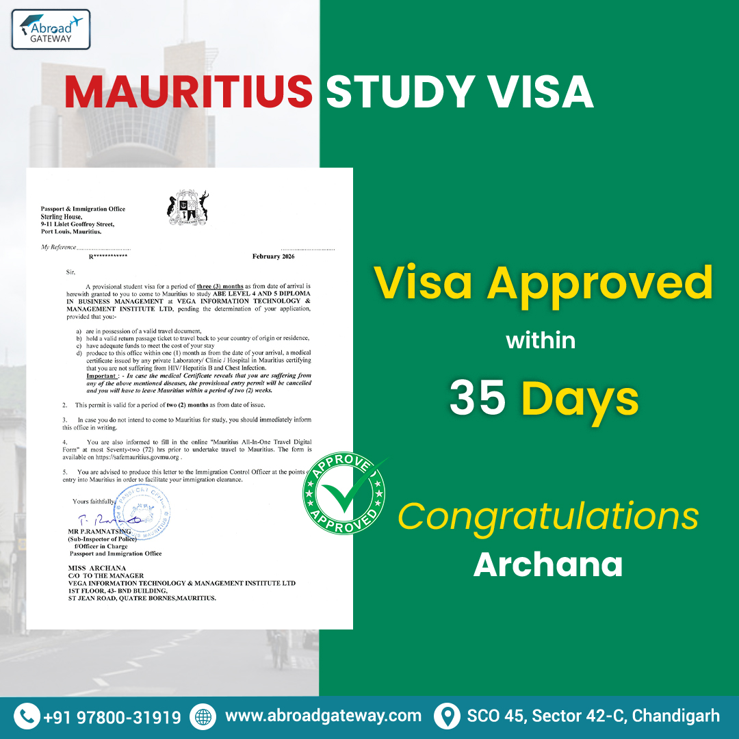 AbroadGatewayy's tweet image. Mauritius Study Visa Approved 🇲🇺🎓
Congratulations Archana!
Visa approved within 35 days.
Start your study abroad journey with Abroad Gateway.
📞 +91 97800-31919
🔗 tinyurl.com/4uup5axc

#MauritiusStudyVisa #StudyInMauritius #VisaApproved #StudyAbroad #AbroadGateway