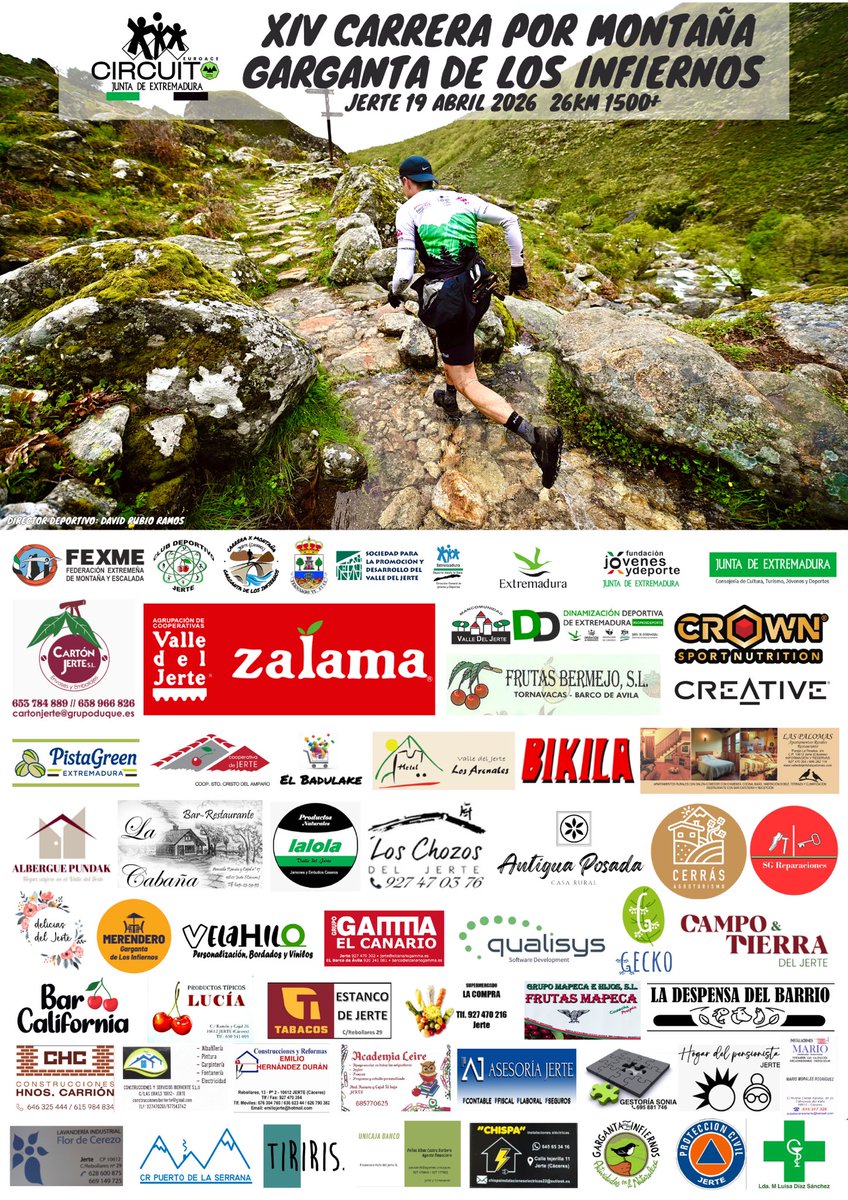 CxMGargdelosInf's tweet photo. ¡CARTEL XIV CXM GARGANTA DE LOS INFIERNOS!
Gracias a todos los colaboradores por hacerlo posible un año más.
#CxMGargantaDeLosInfiernos #CDJerte #Trail #Fexme #Abril https://t.co/InrCZuT4g1