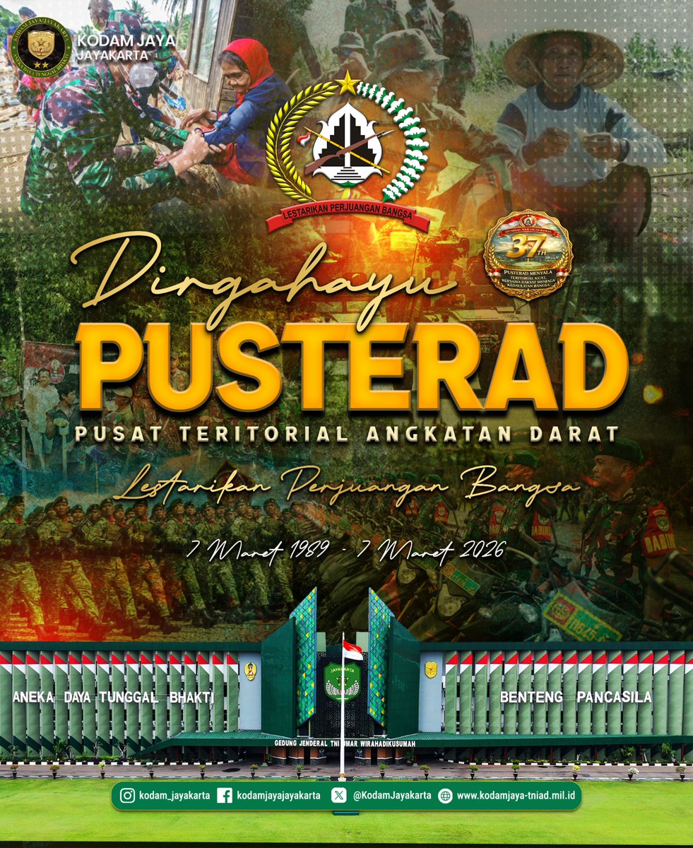 KodamJayakarta's tweet image. Dirgahayu PUSTERAD
(Pusat Teritorial Angkatan Darat)

"Lestarikan Perjuangan Bangsa"

#dirgahayu #pusterad #KodamJaya #tniad #tniadprima