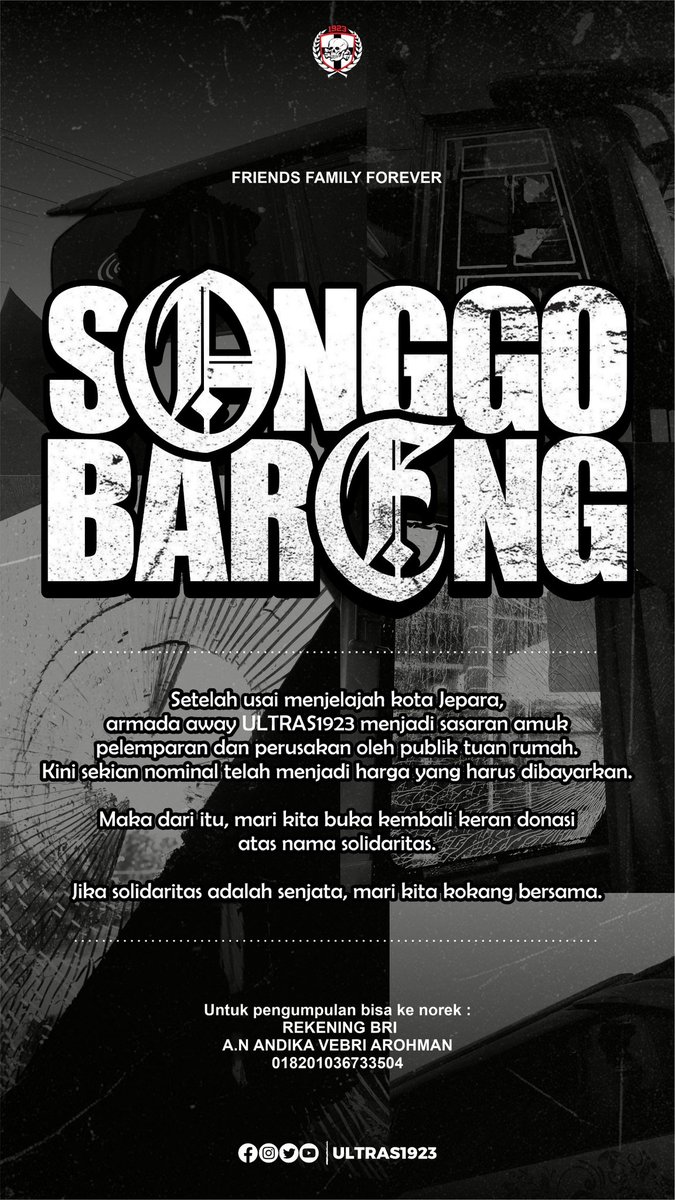 gheni_semut's tweet photo. -𝙎𝙊𝙉𝙂𝙂𝙊 𝘽𝘼𝙍𝙀𝙉𝙂-

Setelah usai menjelajah kota jepara, armada away ULTRAS1923 menjadi sasaran amuk pelemparan dan perusakan oleh publik tuan rumah, kini sekian nominal telah menjadi harga yang harus dibayarkan. https://t.co/QjHDdytSkG