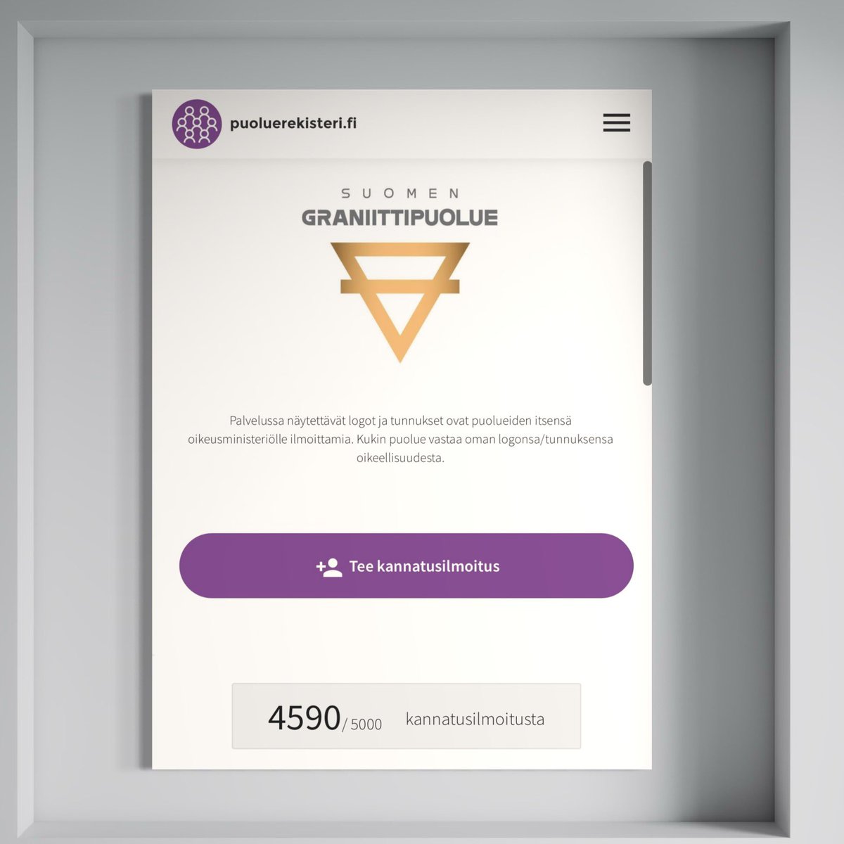 Nyt se on lähellä!! 

Vielä reilut 400 kannatusilmoitusta niin ollaan puolue. Rajan on mahdollista ylittyä jo tänään!

Linkki Oikeusministeriön sivuille löytyy osoitteesta suomengraniittipuolue.fi
Kannattaminen on helppoa, nopeaa ja turvallista, eikä sido mihinkään. Ei puolueen