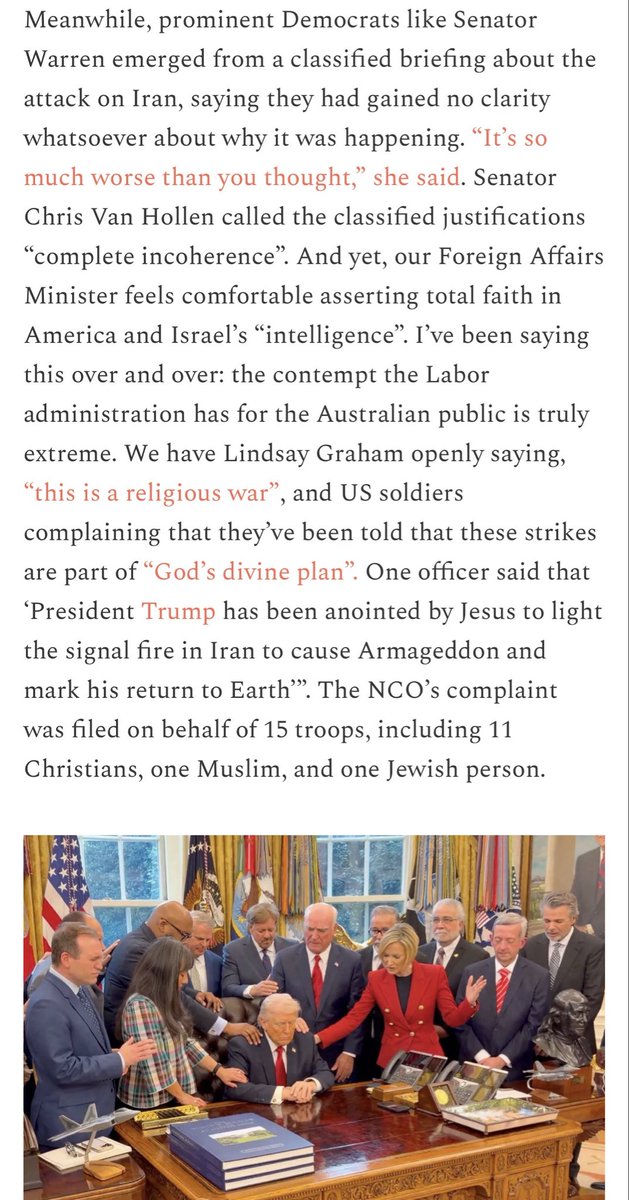 Has any journalist questioned the govt’s support of the war on Iran in light of the US going full throttle on the Christian Crusade rhetoric? Can someone explain to me how this is good for “social cohesion”? Asking for 1 million Australian Muslims.