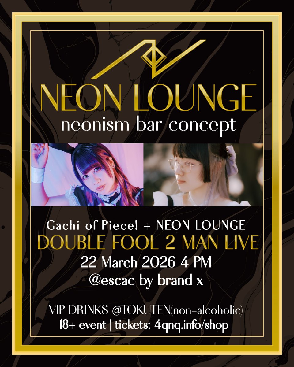 NEON LOUNGE@
DOUBLE FOOL 2 MAN LIVE - 22nd March 2026 4PM @ ESCAC by BRAND X w/ <a href="/patopi_info/">patopi_info</a> 

4qnq.info/shop

Enjoy a relaxing experience with NEON LOUNGE
Cast members:
<a href="/Fuutatoaus0201/">FUUTAiZMiZUKi</a> 
<a href="/shii_takki/">しいタッキ</a>