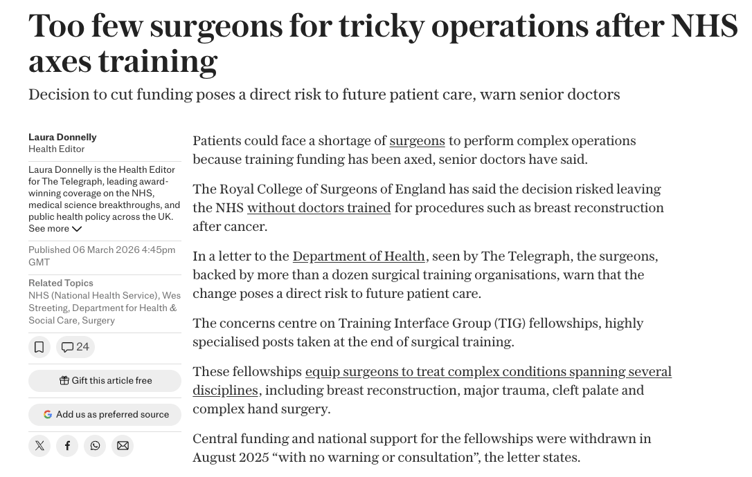 alexander_minh's tweet photo. Royal College of Surgeons &amp; others warn UK Gov that its sudden cuts to funding for specialist surgical training, made without warning or consultation, will endanger future patient care

@wesstreeting 

https://t.co/izcnQ9YyKJ https://t.co/YwPf2vrjRT