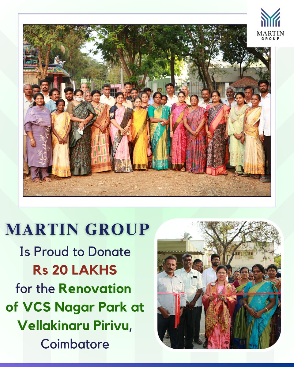 MartinGroup_'s tweet photo. Enhancing Public Spaces: The Renovation & Inauguration of VCS Nagar Park.

Martin Group is pleased to announce the successful renovation and reopening of VCS Nagar Park at Vellakinaru Pirivu, Coimbatore. This community project was made possible through a ₹20,00,000 contribution from the Martin Group & Martin Charitable Trust, under the leadership of our Director and Managing Trustee, Rtn. AKRFC Dr. Leema Rose Martin.

The initiative focused on upgrading the park's infrastructure to provide a safe and vibrant recreational space for local residents. The formal inauguration was led by Dr. Leema Rose Martin, who was joined by distinguished community representatives:
* Mrs. Chitra Thangavel – Hon’ble 14th Ward Councillor
* Rtn. PHF Thanies Amutha – President, RCC Aalam

This project reflects our ongoing commitment to social development and the creation of sustainable public spaces that enhance the quality of life for the community.