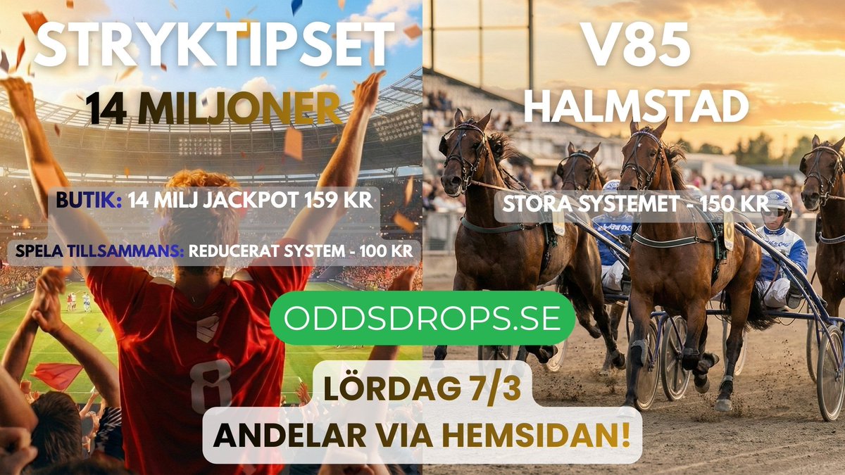 Oddsdrops's tweet photo. ⭐️ Helgens underhållning är fixad⭐️��

Lördag:
STRYKTIPSET - 14 MILJONER JACKPOT ⚽️
V85 i Halmstad - (Första barfota V85-omgången för i år!) 🐎

Söndag:
EUROPATIPSET ⚽️

Andelar via andelssidan hos https://t.co/WhXC3A336T 👊

#betting #stryktipset #v85 #oddsdrops #trav #fotboll https://t.co/AUGGClstUG