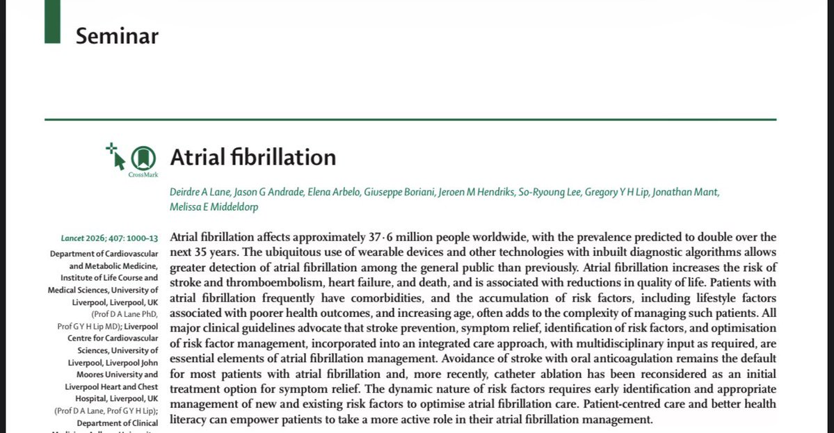 🧵 La fibrilación auricular no es solo una arritmia.
Es una enfermedad cardiometabólica.

Resumen del nuevo seminario de The Lancet sobre FA (2026) y por qué cambia la forma en que debemos pensarla en la práctica clínica.
🫀 🫀 🫀 🫀