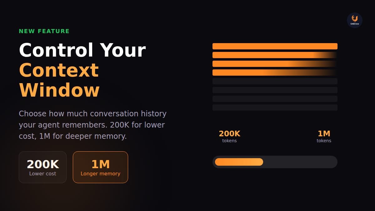 Take full control of your OpenClaw agent costs.

Optimize your Claude Opus 4.6 context window for the balance you want between performance and cost.

• 200K context for lower cost and efficient runs
• 1M context for deeper memory and more complex tasks

Decide how much your