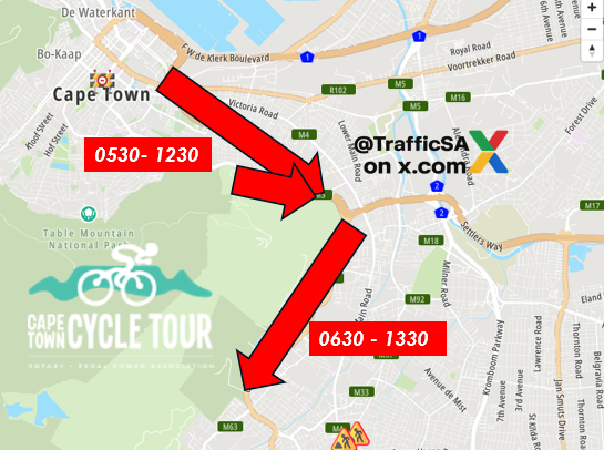 TrafficSA's tweet photo. Cape Town - Sunday: Hospital Bend (Outbound): CLOSED for the #CycleTour event