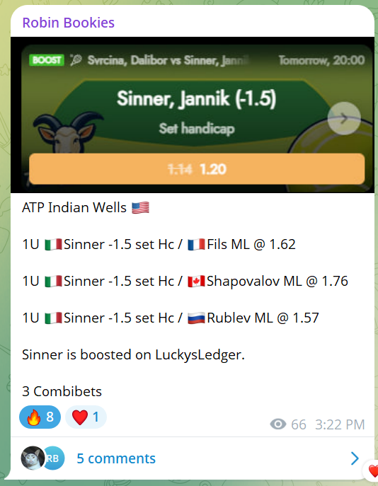 💎We generated already +91 units profit in 2026💎 

ATP Indian Wells 🇺🇸
1U 🇮🇹 Sinner -1.5 Set Hc / 🇫🇷 Fils ML @ 1.62 ✅
1U 🇮🇹 Sinner -1.5 Set Hc / 🇨🇦 Shapovalov ML @ 1.76✅
1U 🇮🇹 Sinner -1.5 Set Hc / 🇷🇺 Rublev ML @ 1.57 

Join our movement. MAX BET for today shared in channel.