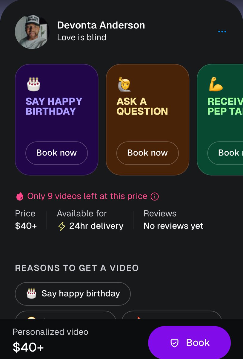 TheBigBroTea's tweet image. Devonta is on Cameo, he joined over a week ago, but no one noticed. He is charging $40 for a cameo, but for $10.99 you can send him a message. He still has not sold any cameos. #LoveIsBlind