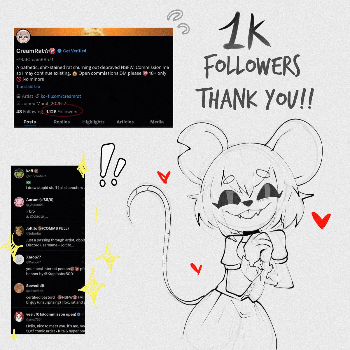 RatCream98571's tweet photo. Shit 1,000 already! 🐀
I honestly didn’t expect the Loona milf post to get that many likes and reposts. I barely use this site and I keep my notifications off, so checking later and seeing that huge pile of likes almost gave me a heart attack. 😵‍💫
Seriously, thank you all so much. https://t.co/nRLrGoNh7z