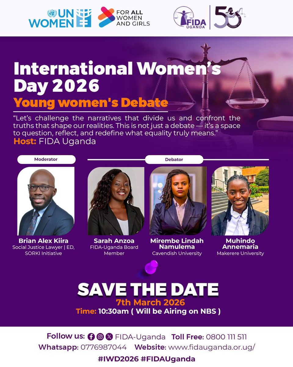 <a href="/unwomenuganda/">UN Women Uganda</a> <a href="/nbstv/">NBS Television</a> <a href="/unwomenafrica/">UN Women Africa</a> <a href="/MEMPROWUganda/">MEMPROW</a> <a href="/CEDOVIPuganda/">CEDOVIP</a> <a href="/EUinUG/">EU in Uganda</a> <a href="/DKAmbUganda/">Signe Winding Albjerg</a> <a href="/SwedEnvoyUganda/">Amb. Maria Håkansson</a> <a href="/FOWODE_UGANDA/">FOWODE</a> <a href="/UNDPUganda/">UNDP Uganda</a> <a href="/GlobalSpotlight/">Spotlight Initiative</a> <a href="/SonkeTogether/">Sonke Gender Justice</a> 𝐘𝐨𝐮𝐧𝐠 𝐅𝐞𝐦𝐢𝐧𝐢𝐬𝐭 𝐃𝐞𝐛𝐚𝐭𝐞 – 𝐈𝐧𝐭𝐞𝐫𝐧𝐚𝐭𝐢𝐨𝐧𝐚𝐥 𝐖𝐨𝐦𝐞𝐧’𝐬 𝐃𝐚𝐲

Today, FIDA Uganda in collaboration with <a href="/unwomenuganda/">UN Women Uganda</a> hosts a Young Women’s Debate at <a href="/nbstv/">NBS Television</a>, airing on Youth Voice at 12:00 PM, to spark conversation on key issues shaping gender
