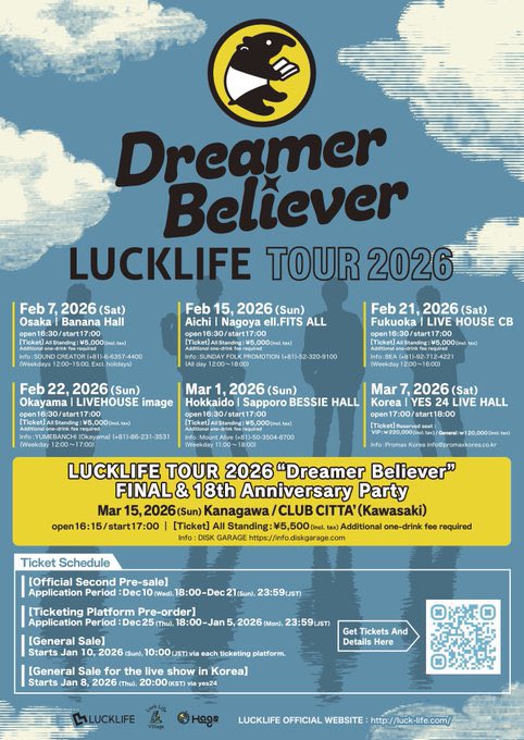 🔥Today🔥

#LUCKLIFE TOUR 2026
『Dreamer Believer』
📍3/7(sat) KOREA YES24 LIVE HALL
🕔OPEN 17:00 / START18:00
👕선행 MD판매：16:00～18:00
※ MD 관련 안내사항을 확인해주세요!

Tour 세미파이널!!
&amp;한국에서의 첫 홀 공연~

많은 관심과 방문 부탁드립니다😊

⚠️공연 중 모든 사진 및 영상