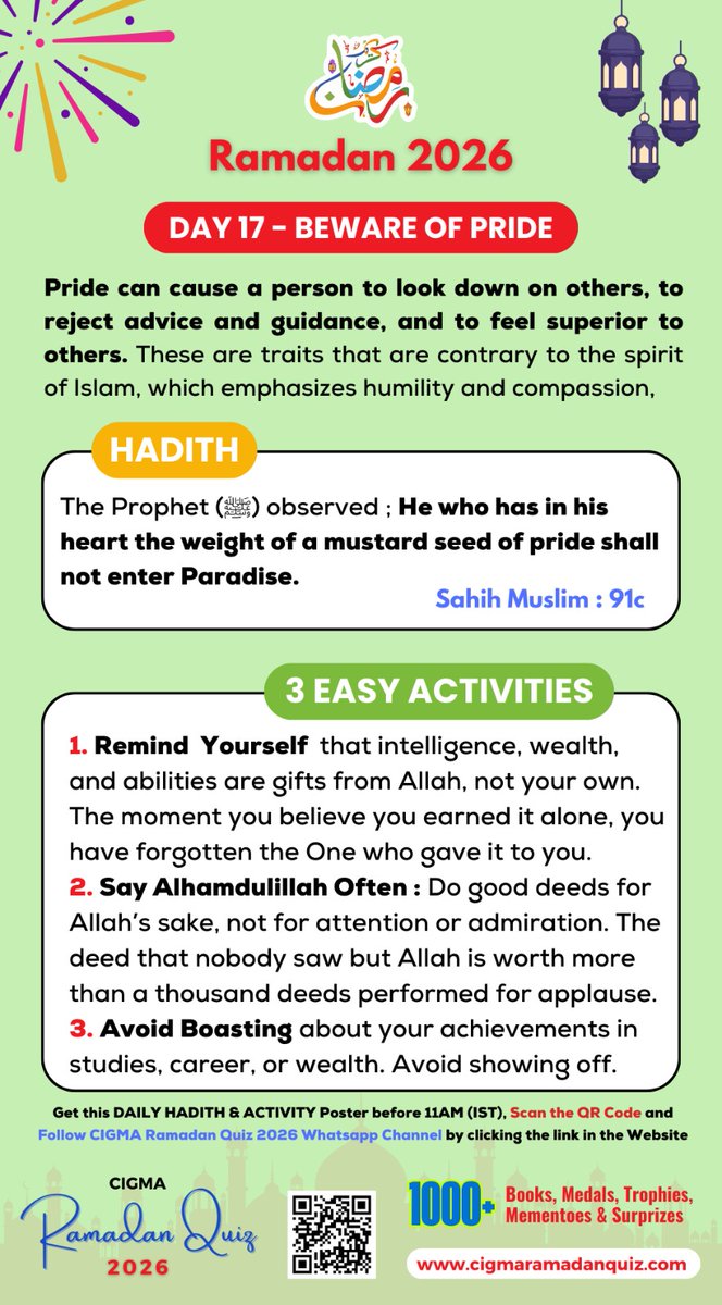 #RamadanSeries 
#RamadanDay17
#BewareOfPride
#PrideDenyParadise
#AvoidBoosting
 #SayAlhamdulillah
#Ramadan #RamadanMubarak #RamadanKareem 

@aimplb_offical <a href="/icna/">ICNA</a> <a href="/gioofindia/">National Federation of GIO</a> <a href="/MiddleEastEye/">Middle East Eye</a>
