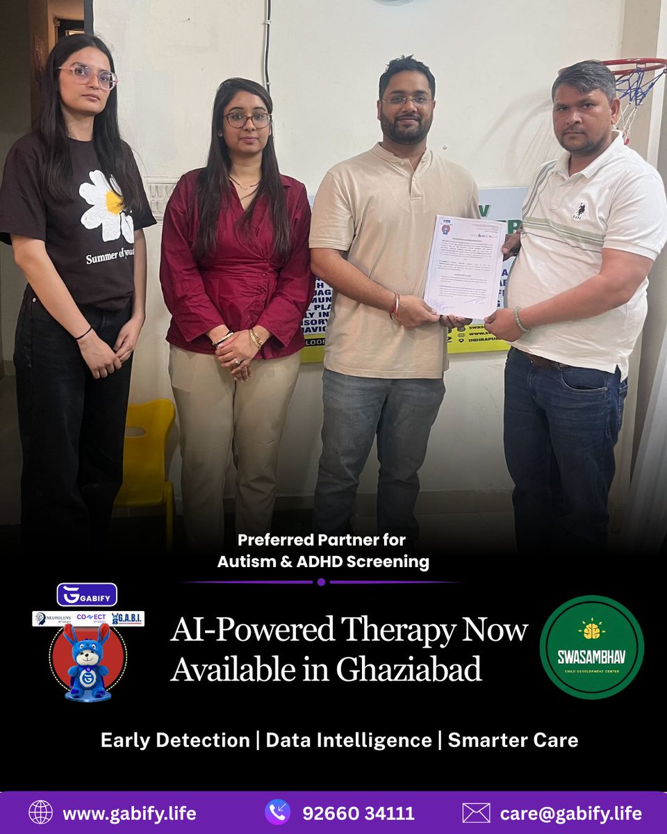 Gabify_life's tweet image. We are proud to welcome Swasambhav Child Development Center as a Preferred Partner for Autism &amp;amp; ADHD Screening. 

#Gabify #ChildDevelopment #AutismScreening #ADHDScreening #EarlyIntervention #ChildPsychology #AIHealthcare #DevelopmentalScreening #SmarterCare #Ghaziabad