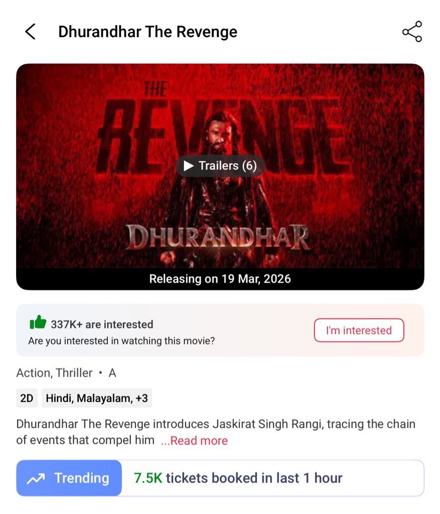 BMS_Tickets's tweet photo. Are you ready? 🔥 #Dhurandhar2 

BookMyShow Bookings Opened for premiere only! 

#DhurandharTheRevenge https://t.co/E9woI3xdNw