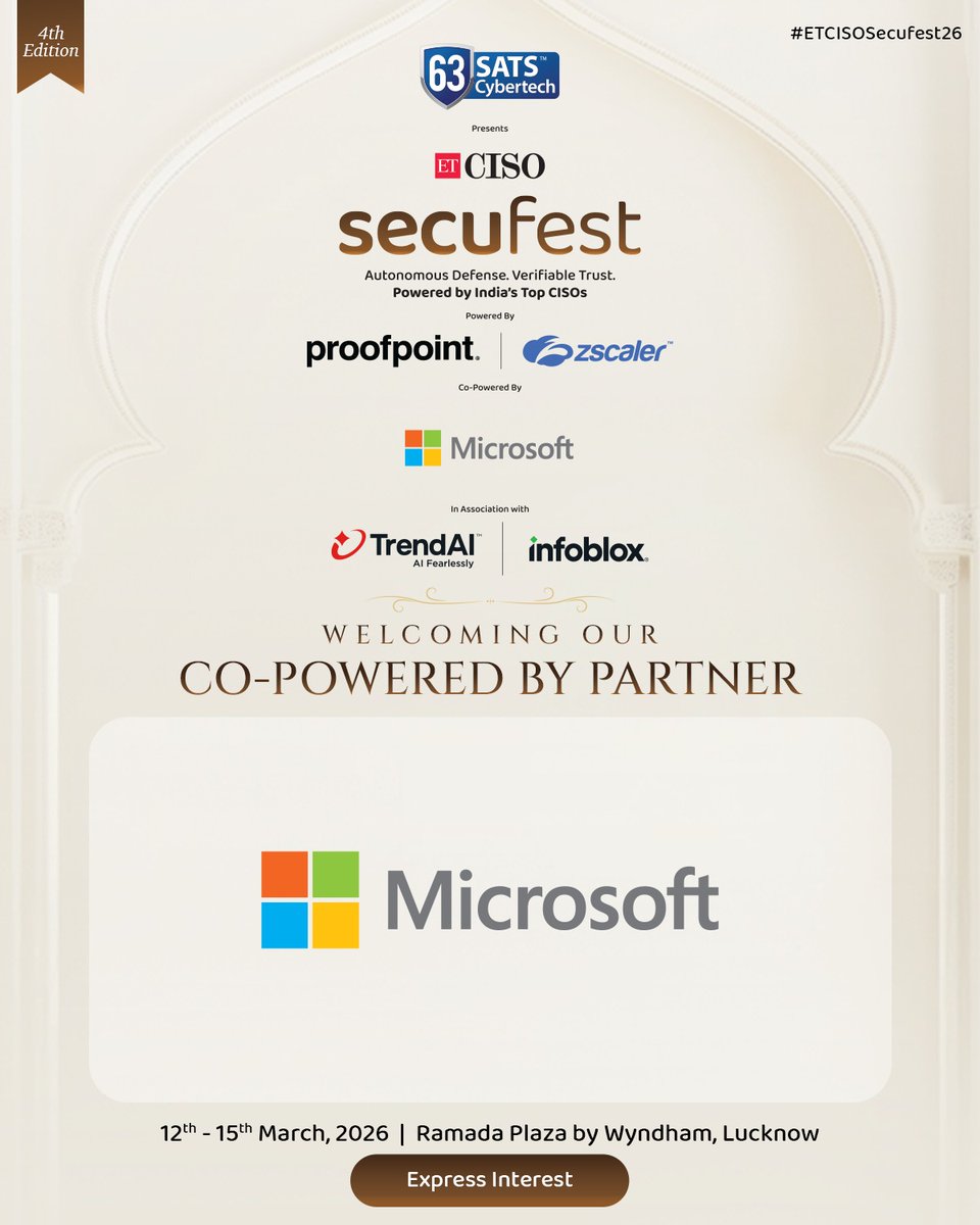 ET_CISO's tweet image. At ETCISO SecuFest 2026, we are proud to have @Microsoft as our Co-Powered by Partner, bringing global expertise in AI-driven security, cloud resilience, and integrated threat intelligence.

ciso.economictimes.indiatimes.com/ciso-residenti…

#ETCISO #ETCISOSecuFest26 #MicrosoftSecurity #AIinCybersecurity
