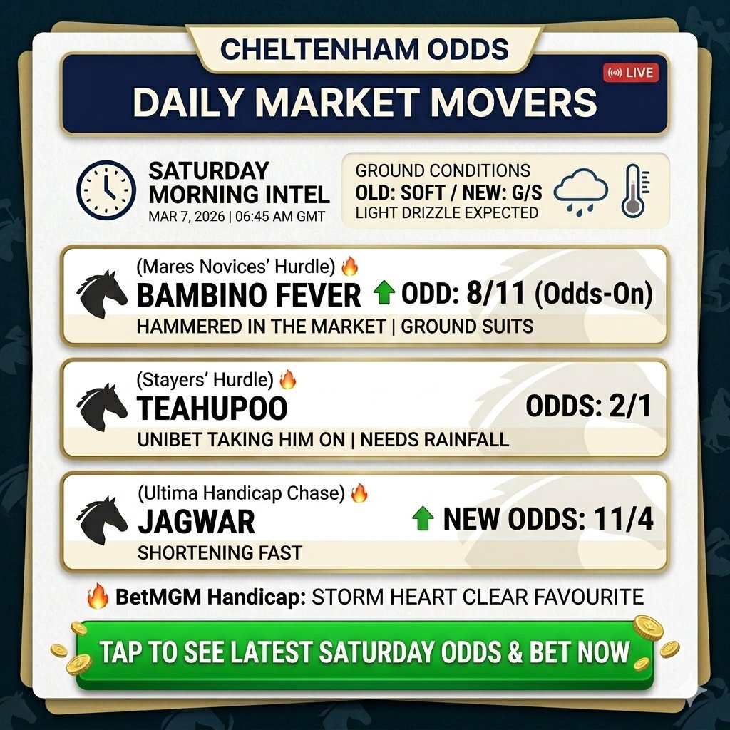 racing_odds's tweet photo. ☕ Saturday #Cheltenham Intel!

🌧️ Ground: Old Soft / New G/S 

📈 Smart Money: 
🔥 Bambino Fever hammered to odds-on! 
👀 Unibet taking on Teahupoo @ 9/4 
🏇 Jagwar into 4/1

Tap to see all market movers before bookies adjust 👇 https://t.co/h4LHRnkoOn

#CheltenhamFestival https://t.co/Xb76JQ0Ilt