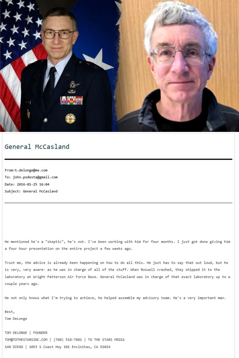 TheProjectUnity's tweet photo. I'm starting to suspect Maj General McCasland was 'disappeared' prior to UFO investigations from the Trump Admin. 

He ran Wright-Patterson (AFRL)

He was Tom Delonges top UFO advisor.

He knows what's hiding under the sands of New Mexico. 

I think he was removed. https://t.co/DHIeZOMvkV